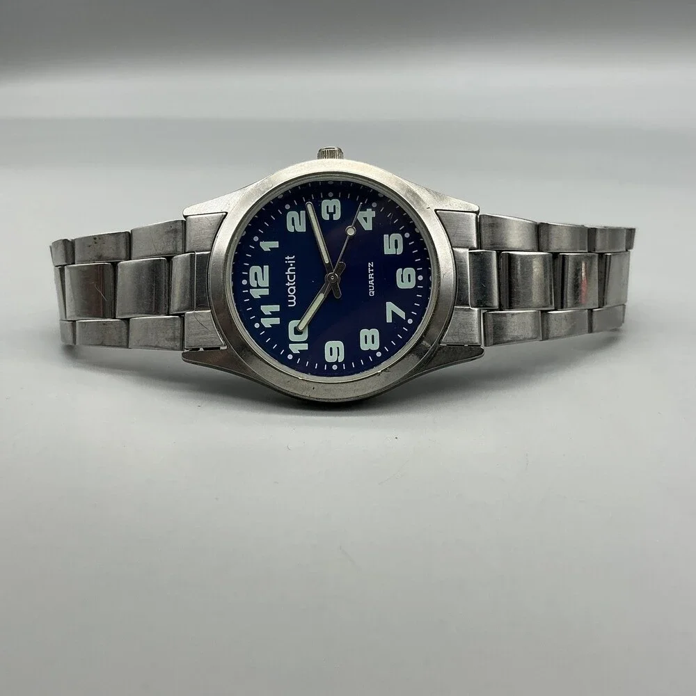 Watch-it Mens Watch 36mm Blue Dial Silver Tone Bracelet New Battery 8